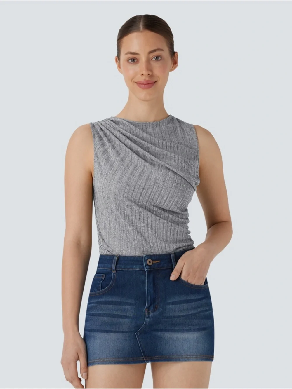 HALARA Ribbed Sleeveless Asymmetric Ruched Casual Top Heather Gray XS NWT - Picture 2 of 5